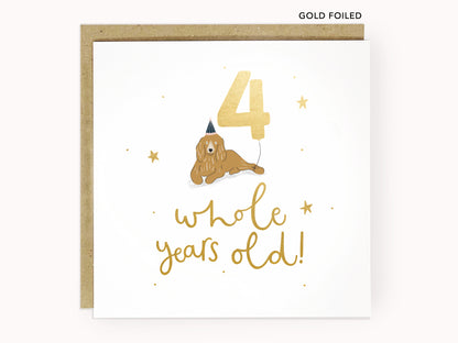 Gold foiled 4th birthday cocker spaniel dog card by Abbie Imagine