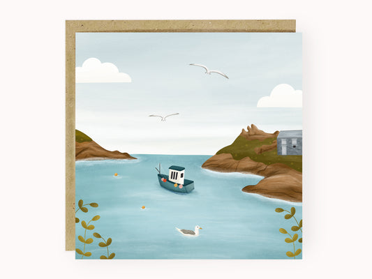 Polperro Harbour Illustrated Card