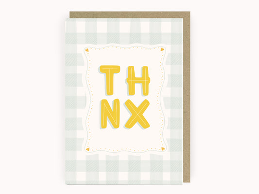 Gingham thank you card with the caption: THNX