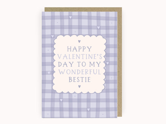 Wonderful bestie valentine's day card with lilac gingham pattern by abbie imagine